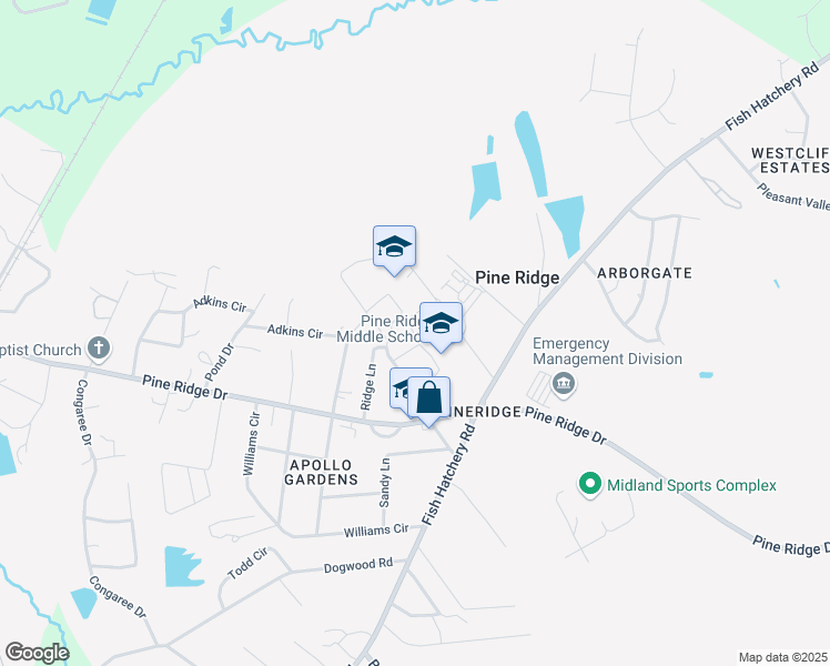 map of restaurants, bars, coffee shops, grocery stores, and more near 735 Pine Ridge Drive in West Columbia