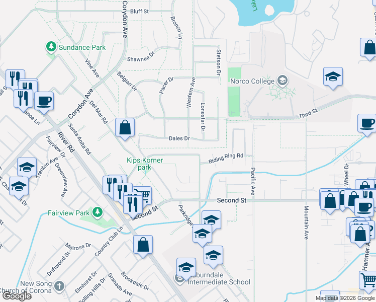map of restaurants, bars, coffee shops, grocery stores, and more near 3214 Dales Drive in Norco