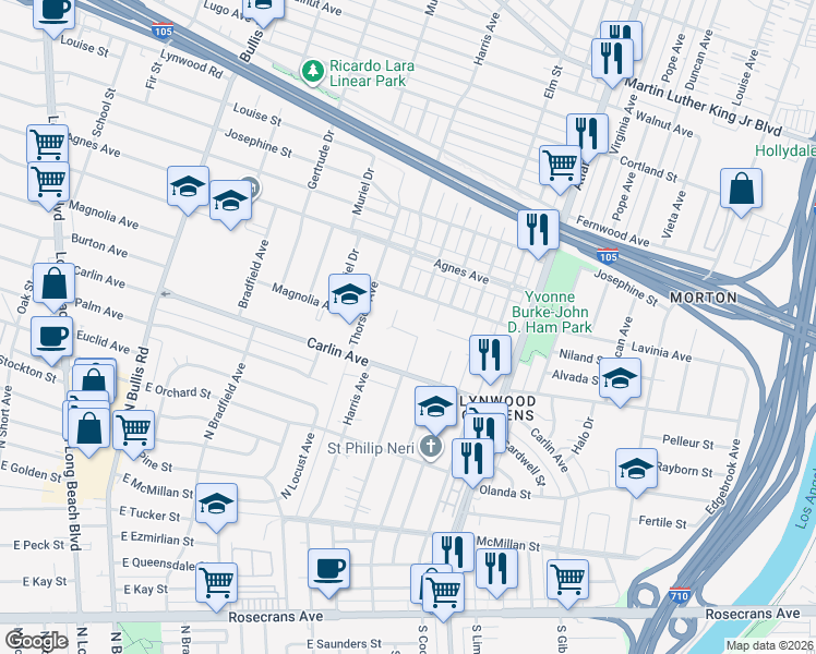 map of restaurants, bars, coffee shops, grocery stores, and more near 4221 Alvada Street in Lynwood