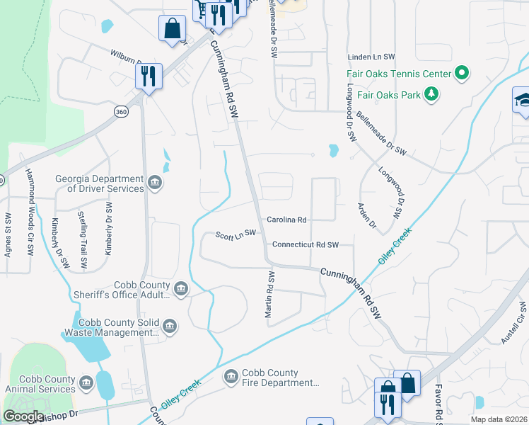map of restaurants, bars, coffee shops, grocery stores, and more near 691 Crosswinds Circle in Marietta