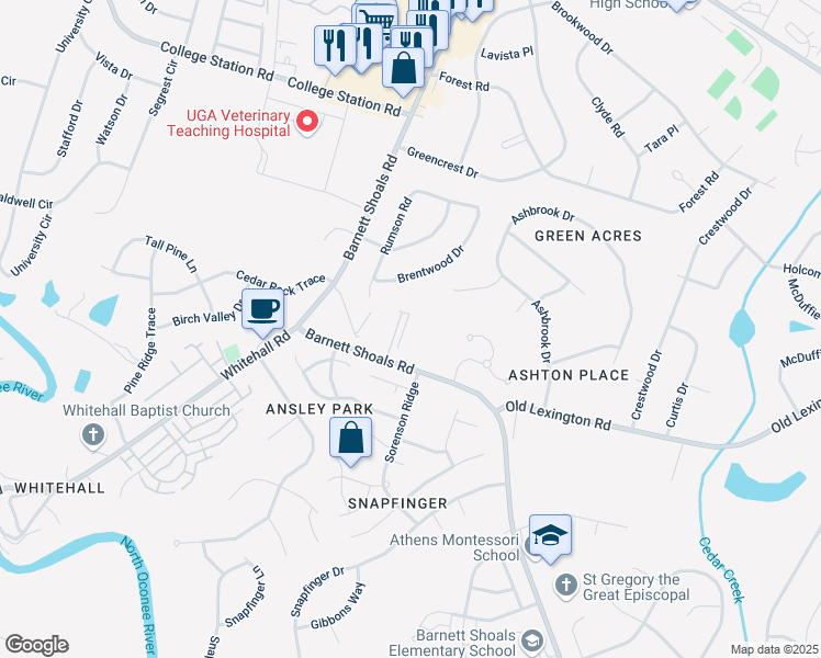 map of restaurants, bars, coffee shops, grocery stores, and more near 2925 South Barnett Shoals Road in Athens