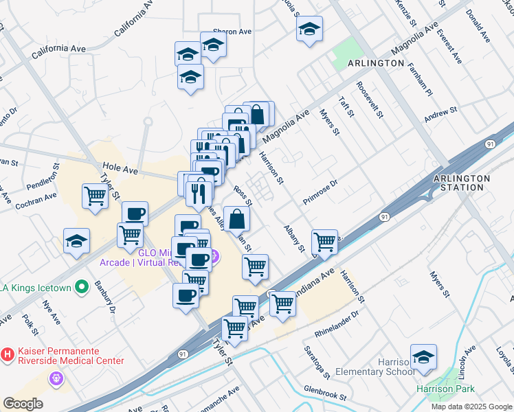 map of restaurants, bars, coffee shops, grocery stores, and more near 3665 Ross Street in Riverside