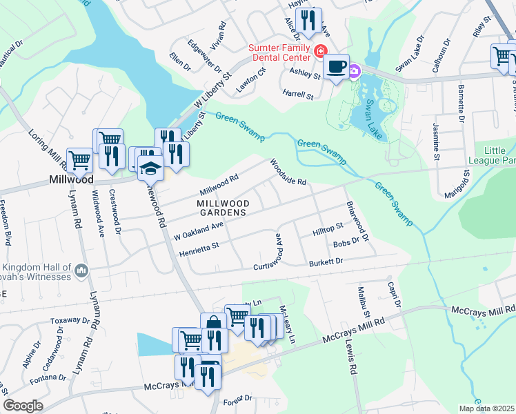map of restaurants, bars, coffee shops, grocery stores, and more near 1833 West Oakland Avenue in Sumter