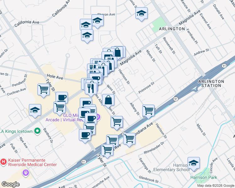 map of restaurants, bars, coffee shops, grocery stores, and more near 3665 Ross Street in Riverside