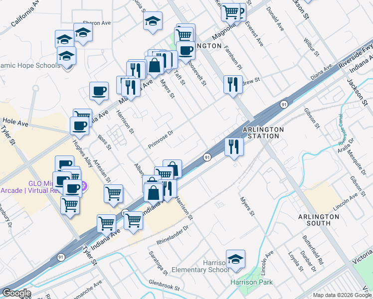 map of restaurants, bars, coffee shops, grocery stores, and more near 3514 Myers Street in Riverside