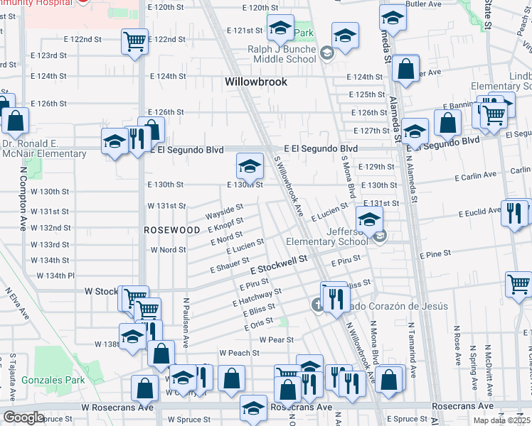map of restaurants, bars, coffee shops, grocery stores, and more near 13101 South Vesta Avenue in Compton