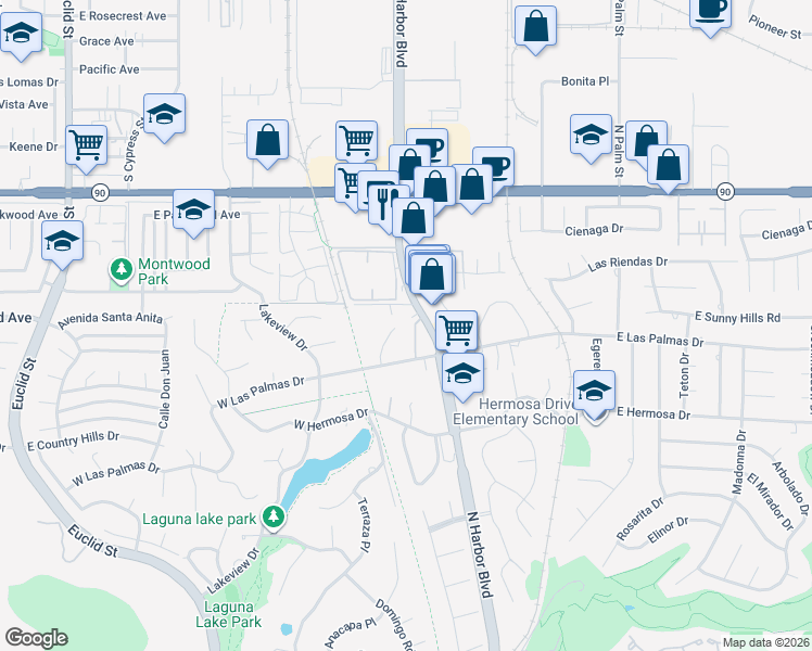 map of restaurants, bars, coffee shops, grocery stores, and more near 3650 Coronado Drive in Fullerton