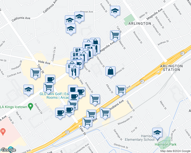 map of restaurants, bars, coffee shops, grocery stores, and more near 3665 Ross Street in Riverside