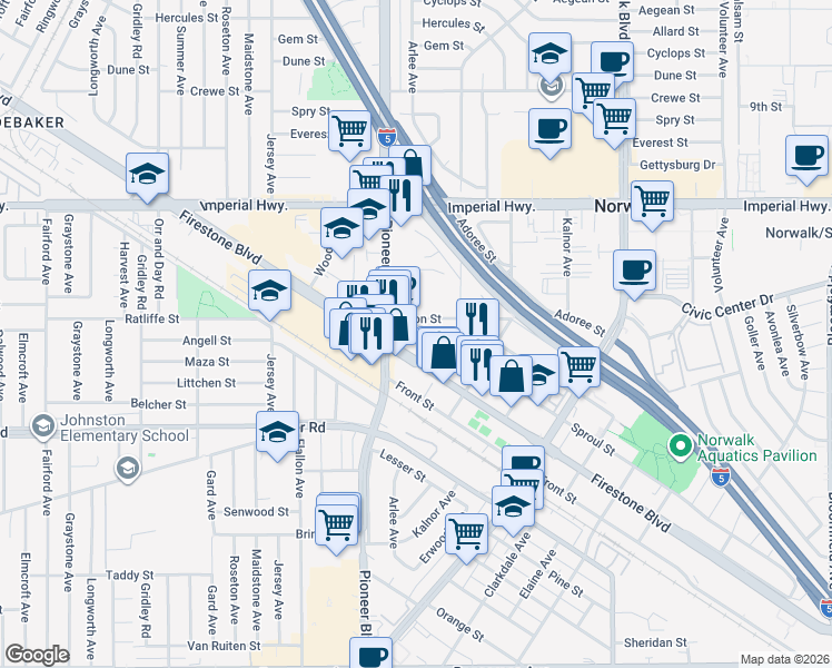 map of restaurants, bars, coffee shops, grocery stores, and more near 11838 Sproul Street in Norwalk