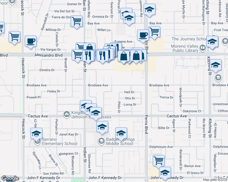 map of restaurants, bars, coffee shops, grocery stores, and more near 24733 Brodiaea Avenue in Moreno Valley