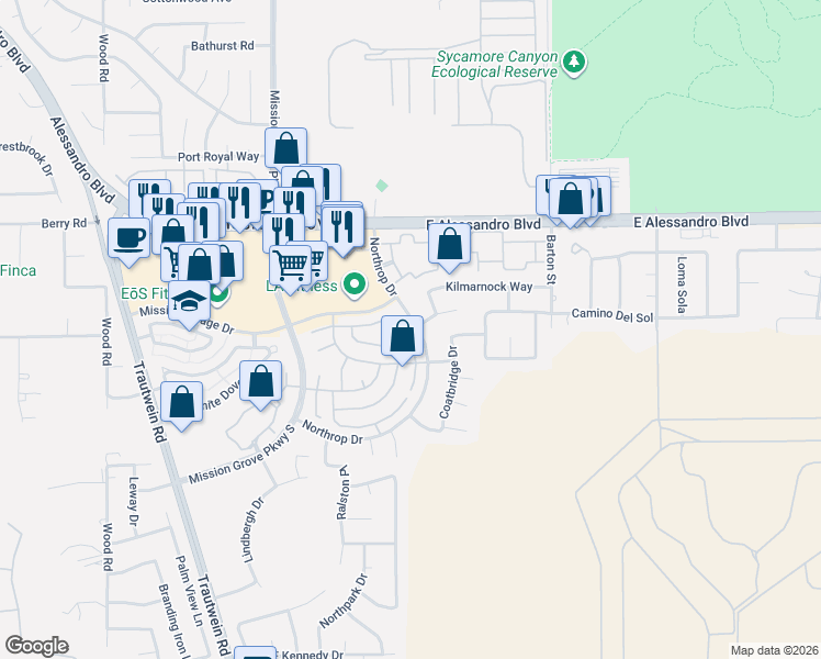 map of restaurants, bars, coffee shops, grocery stores, and more near 7606 Canberra Way in Riverside