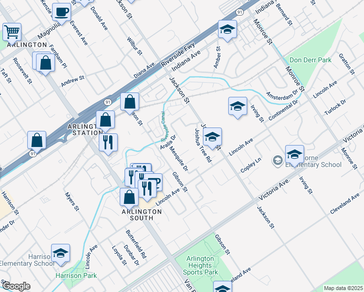 map of restaurants, bars, coffee shops, grocery stores, and more near 3070 Hoya Place in Riverside