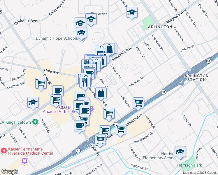 map of restaurants, bars, coffee shops, grocery stores, and more near 3705 Ross Street in Riverside