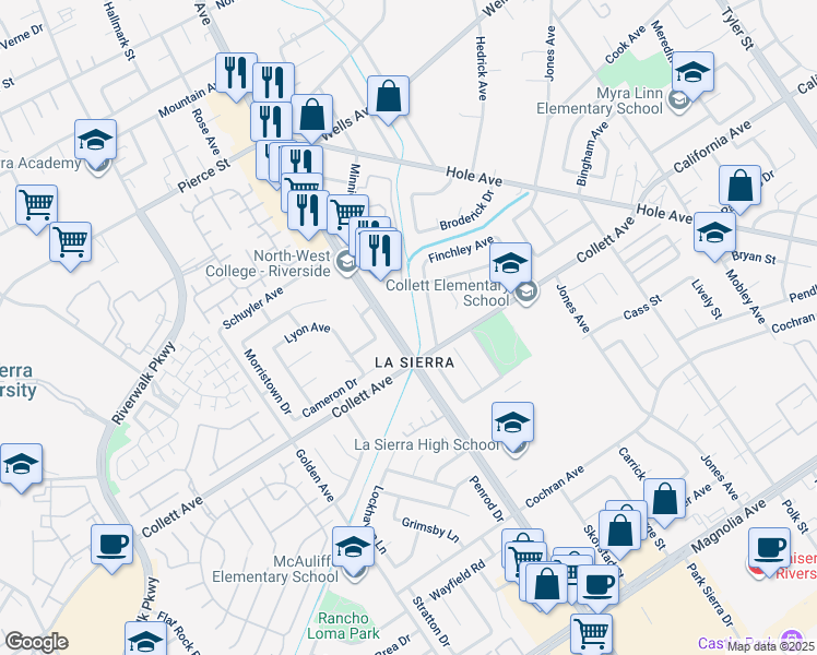 map of restaurants, bars, coffee shops, grocery stores, and more near 4384 Drexel Avenue in Riverside