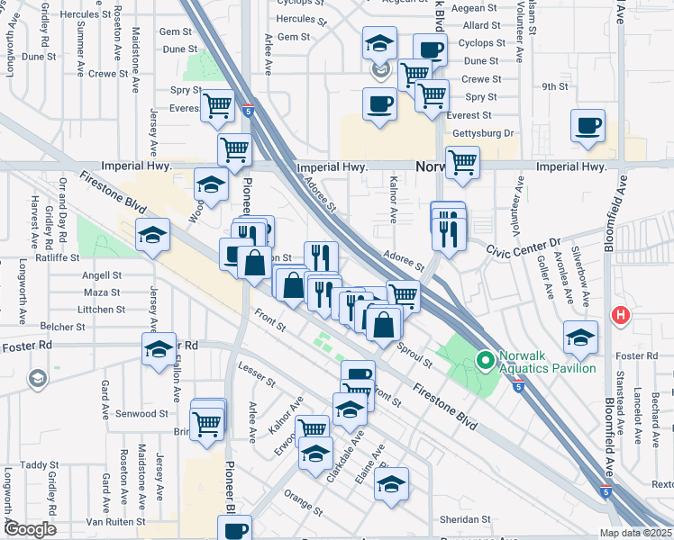 map of restaurants, bars, coffee shops, grocery stores, and more near 12001 Union Street in Norwalk