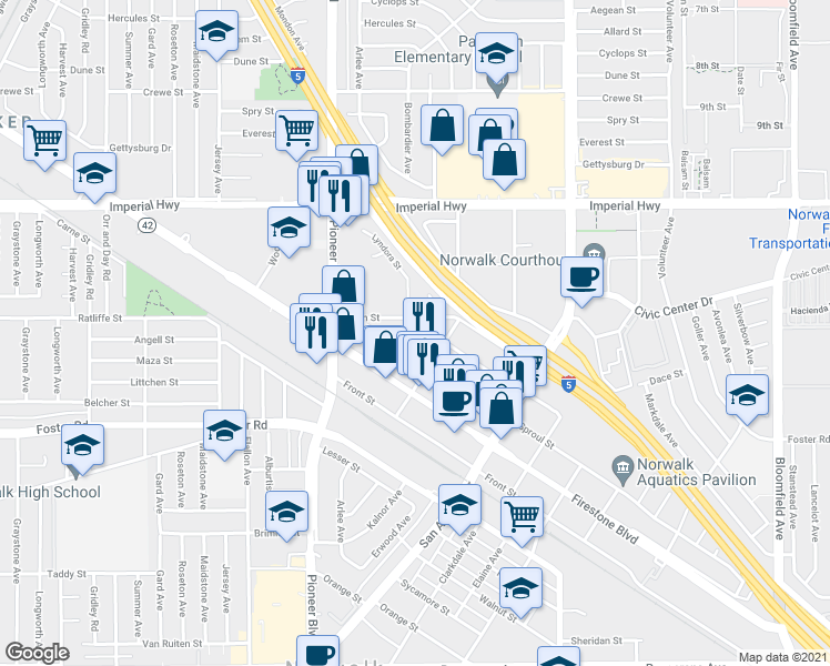 map of restaurants, bars, coffee shops, grocery stores, and more near 12836 Bombardier Avenue in Norwalk