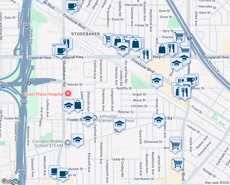map of restaurants, bars, coffee shops, grocery stores, and more near 11313 Ratliffe Street in Norwalk