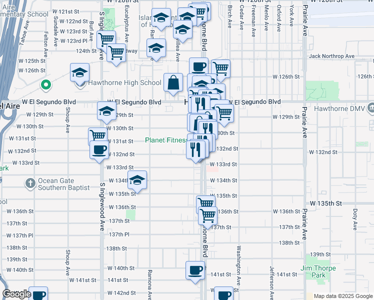 map of restaurants, bars, coffee shops, grocery stores, and more near 4461 West 132nd Street in Hawthorne