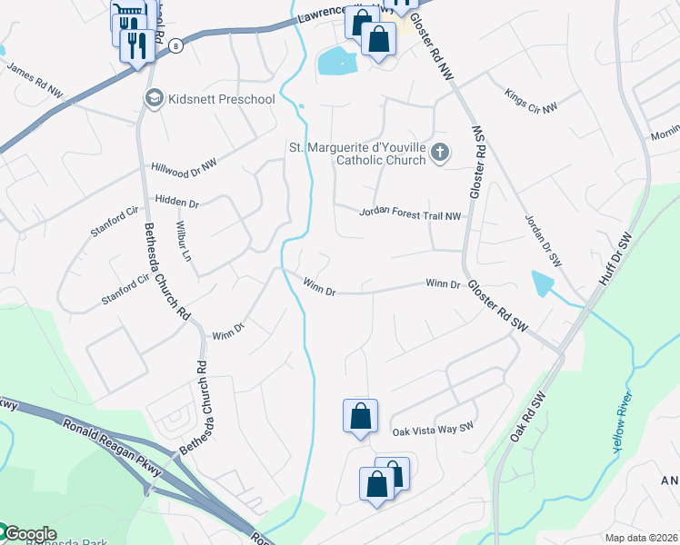 map of restaurants, bars, coffee shops, grocery stores, and more near 2961 Winn Drive in Lawrenceville