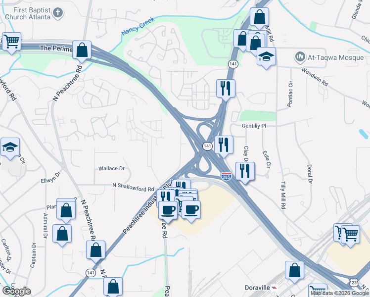 map of restaurants, bars, coffee shops, grocery stores, and more near 4091 Carver Drive in Doraville