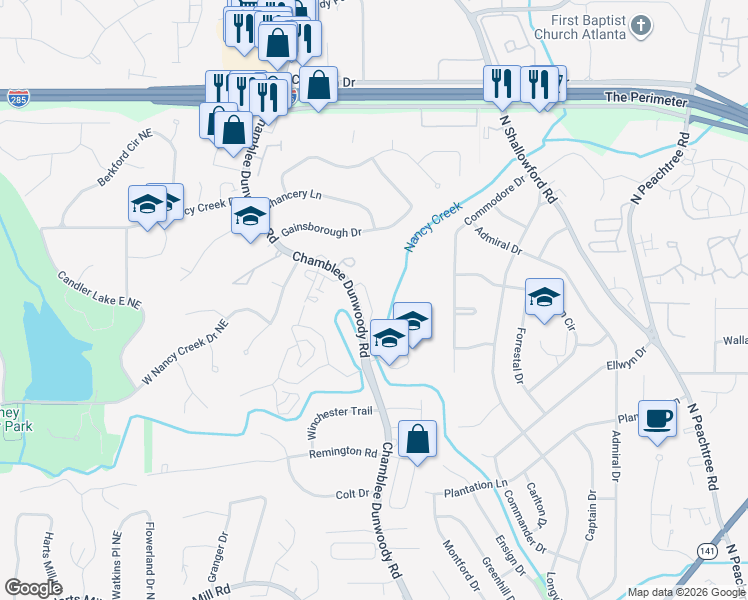 map of restaurants, bars, coffee shops, grocery stores, and more near 1938 Regency Cove Court in Atlanta