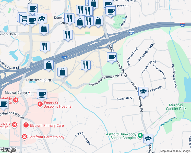 map of restaurants, bars, coffee shops, grocery stores, and more near 10 Perimeter Summit Boulevard in Atlanta