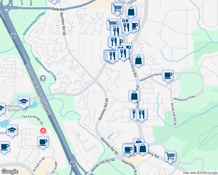 map of restaurants, bars, coffee shops, grocery stores, and more near 102 Wynnes Ridge Circle in Marietta