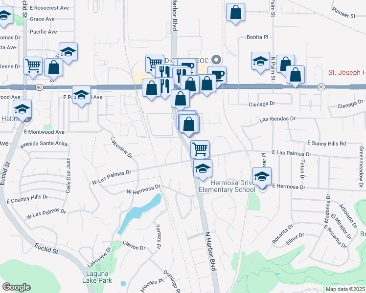 map of restaurants, bars, coffee shops, grocery stores, and more near 3733 North Harbor Boulevard in Fullerton