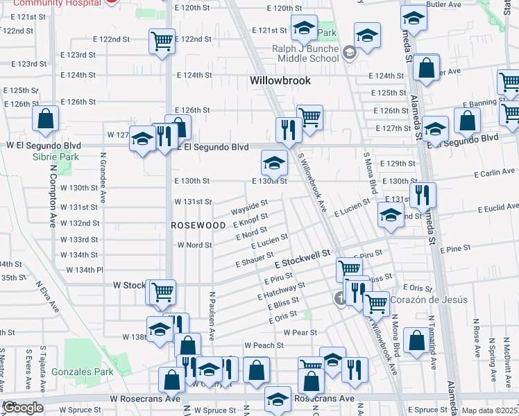 map of restaurants, bars, coffee shops, grocery stores, and more near in Willowbrook