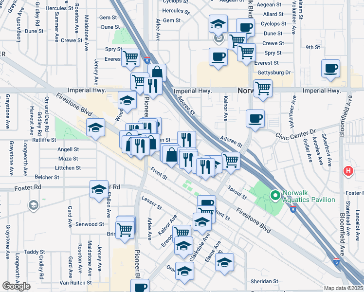 map of restaurants, bars, coffee shops, grocery stores, and more near 11916 Olive Street in Norwalk