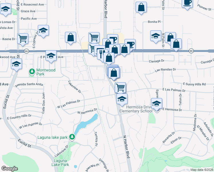 map of restaurants, bars, coffee shops, grocery stores, and more near 3650 Coronado Drive in Fullerton