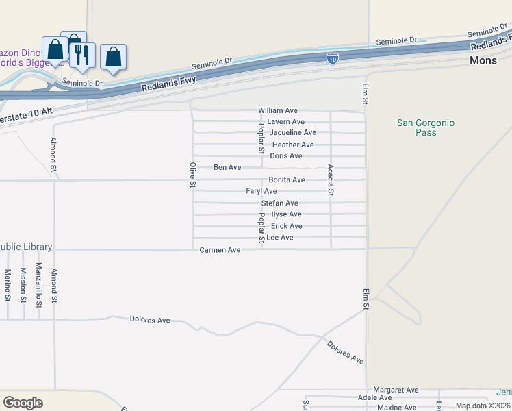 map of restaurants, bars, coffee shops, grocery stores, and more near in Cabazon
