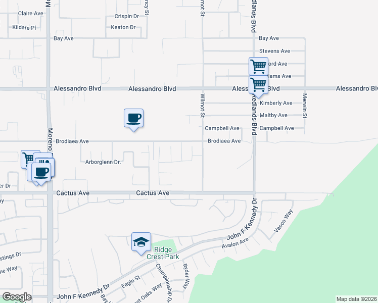 map of restaurants, bars, coffee shops, grocery stores, and more near 14279 Blue Bonnet Lane in Moreno Valley