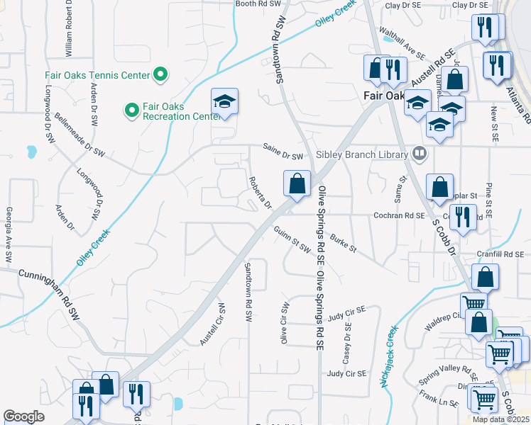 map of restaurants, bars, coffee shops, grocery stores, and more near 1600 Roberta Drive in Marietta