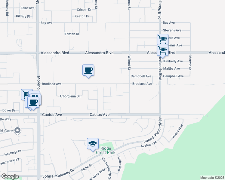 map of restaurants, bars, coffee shops, grocery stores, and more near 14306 Begonia Lane in Moreno Valley
