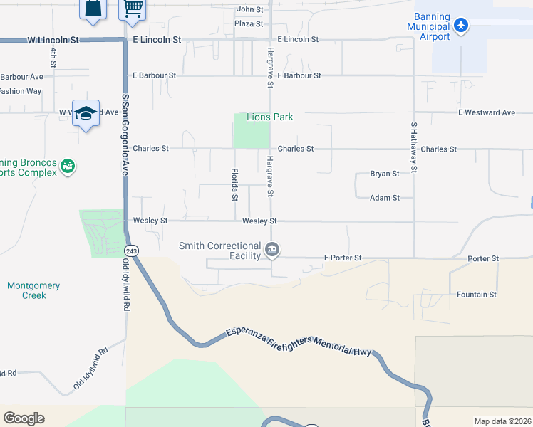 map of restaurants, bars, coffee shops, grocery stores, and more near 779 Wesley Street in Banning