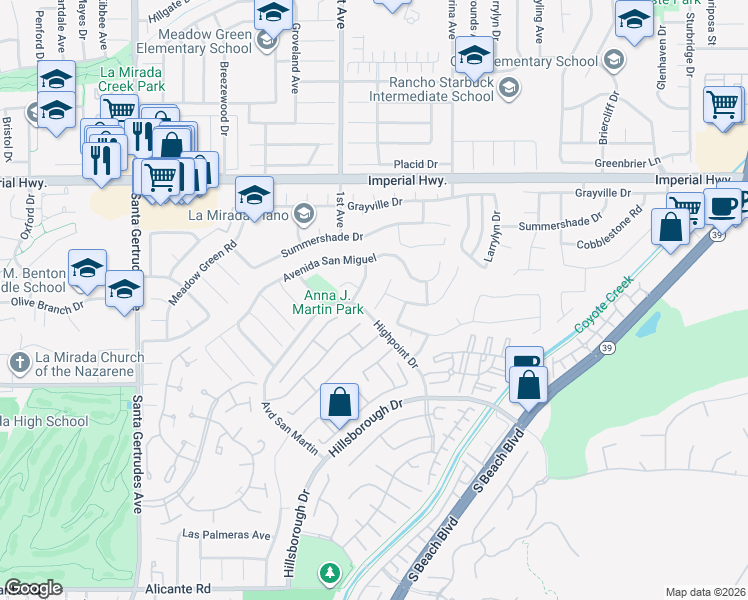 map of restaurants, bars, coffee shops, grocery stores, and more near 13135 Neff Road in La Mirada