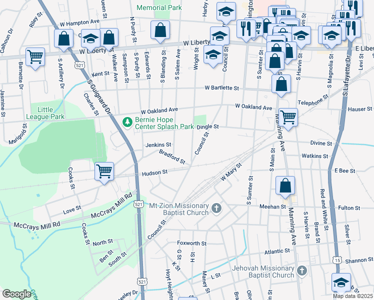 map of restaurants, bars, coffee shops, grocery stores, and more near 313 South Salem Avenue in Sumter