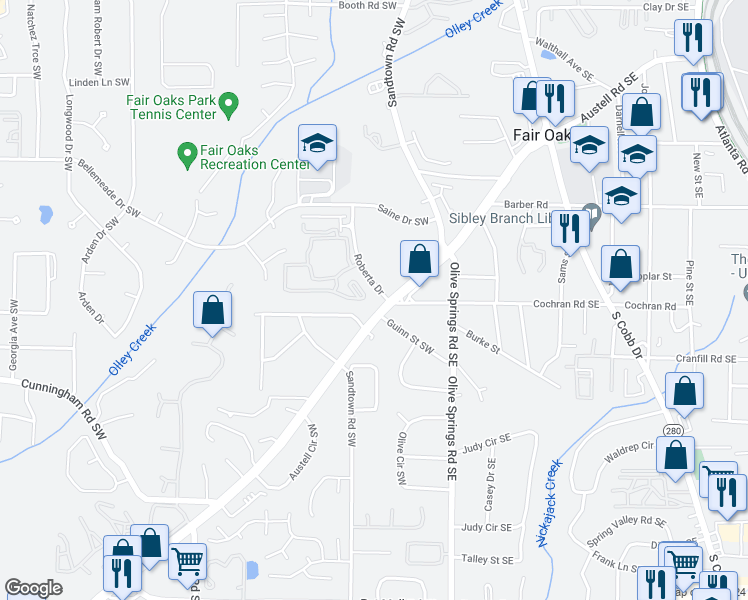 map of restaurants, bars, coffee shops, grocery stores, and more near 1600 Roberta Drive in Marietta