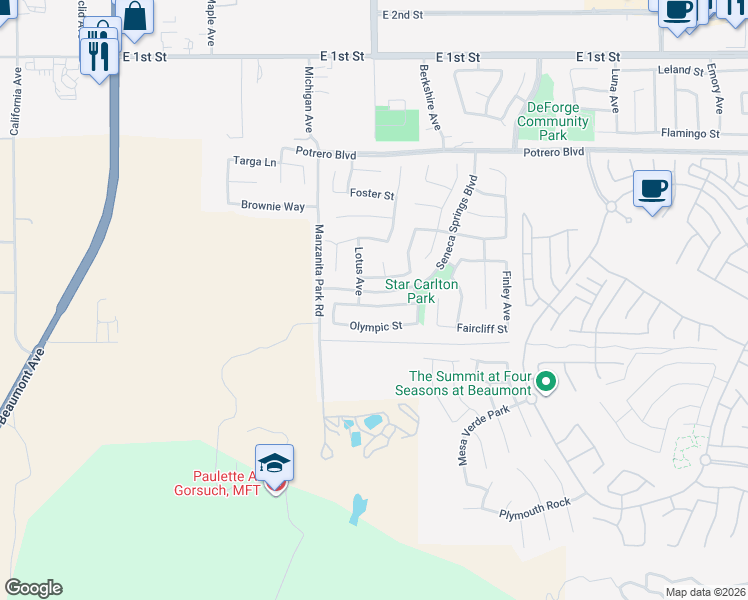 map of restaurants, bars, coffee shops, grocery stores, and more near 1290 Estancia Street in Beaumont
