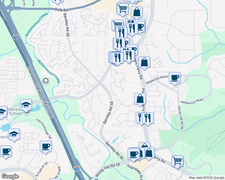 map of restaurants, bars, coffee shops, grocery stores, and more near 102 Wynnes Ridge Circle in Marietta