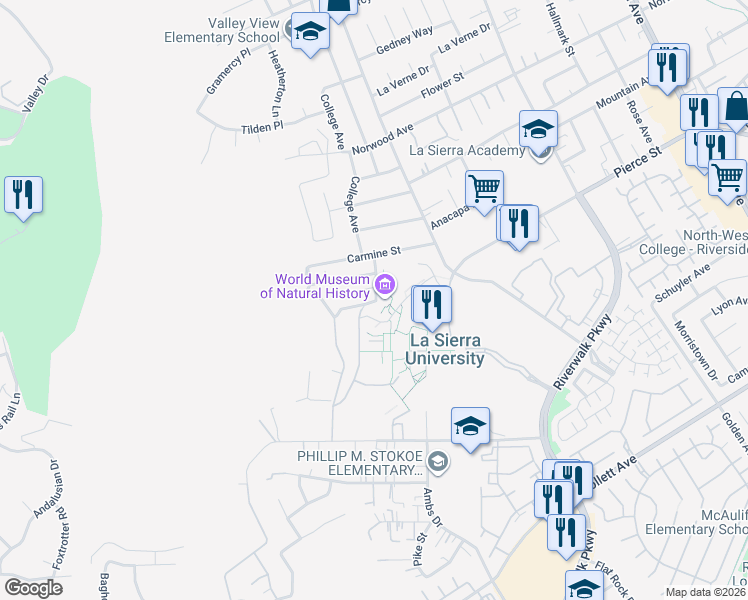 map of restaurants, bars, coffee shops, grocery stores, and more near 4860 Blehm Street in Riverside