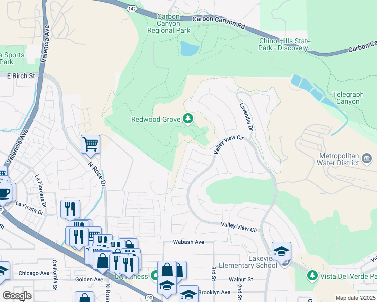 map of restaurants, bars, coffee shops, grocery stores, and more near 17091 Black Walnut Court in Yorba Linda
