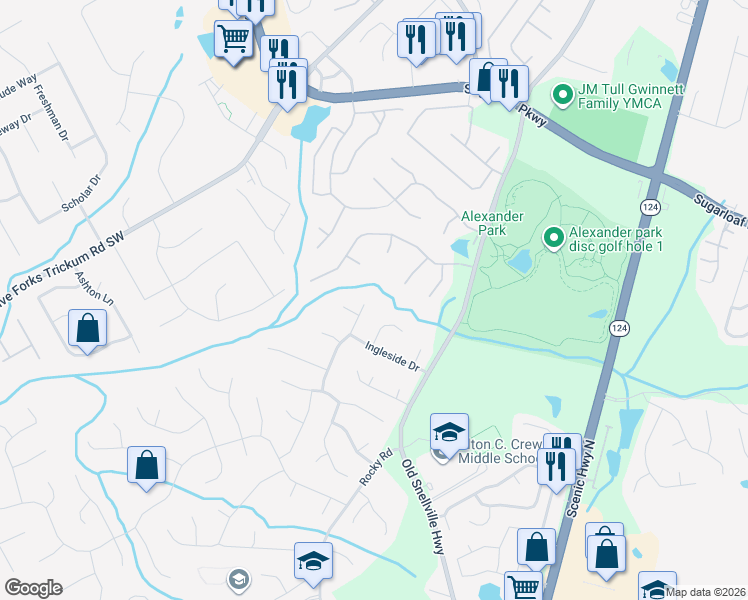 map of restaurants, bars, coffee shops, grocery stores, and more near 1294 Carrington Way in Lawrenceville
