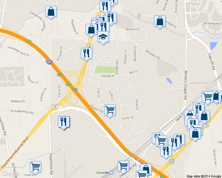 map of restaurants, bars, coffee shops, grocery stores, and more near 4079 Eula Circle in Doraville