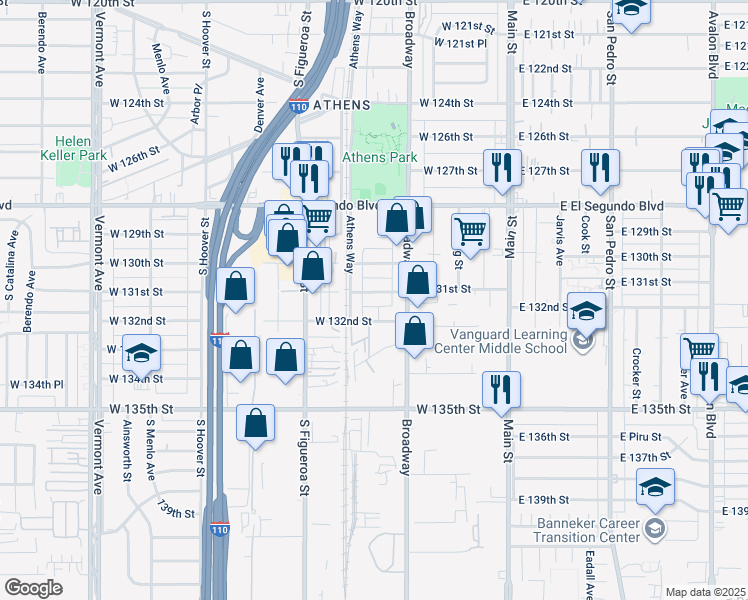 map of restaurants, bars, coffee shops, grocery stores, and more near 340 West 131st Street in Los Angeles