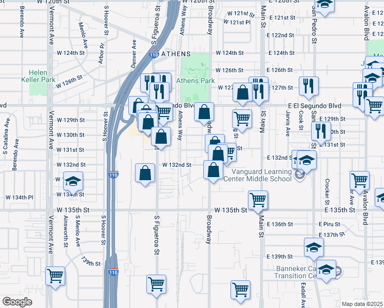 map of restaurants, bars, coffee shops, grocery stores, and more near 340 West 131st Street in Los Angeles
