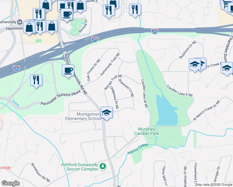 map of restaurants, bars, coffee shops, grocery stores, and more near 4091 Chippewa Place Northeast in Atlanta