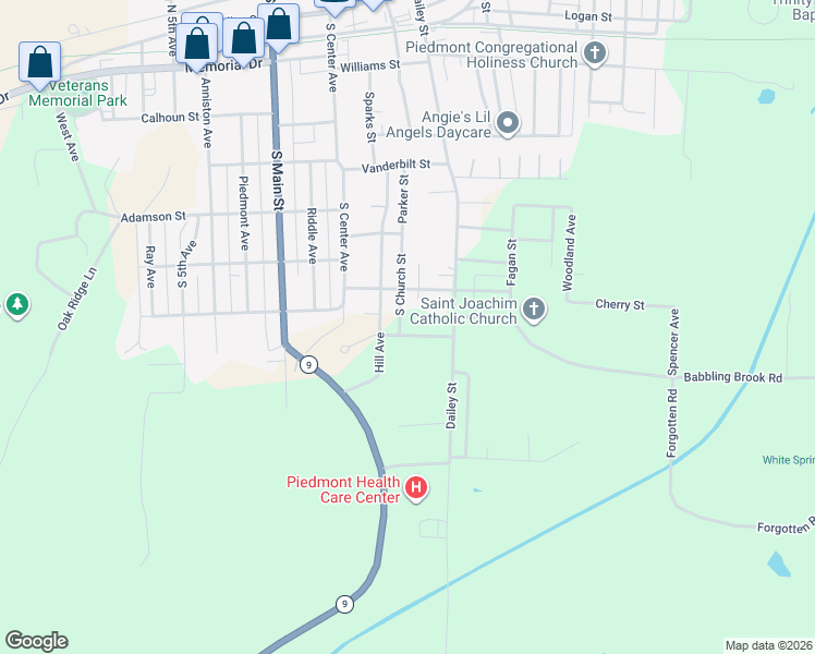 map of restaurants, bars, coffee shops, grocery stores, and more near 204 Ridgeway Drive in Piedmont