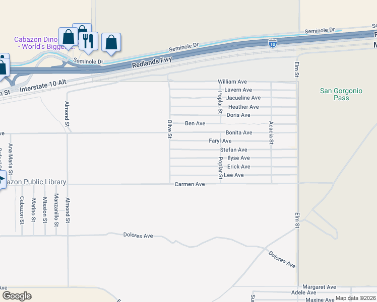 map of restaurants, bars, coffee shops, grocery stores, and more near Stefan Avenue in Cabazon